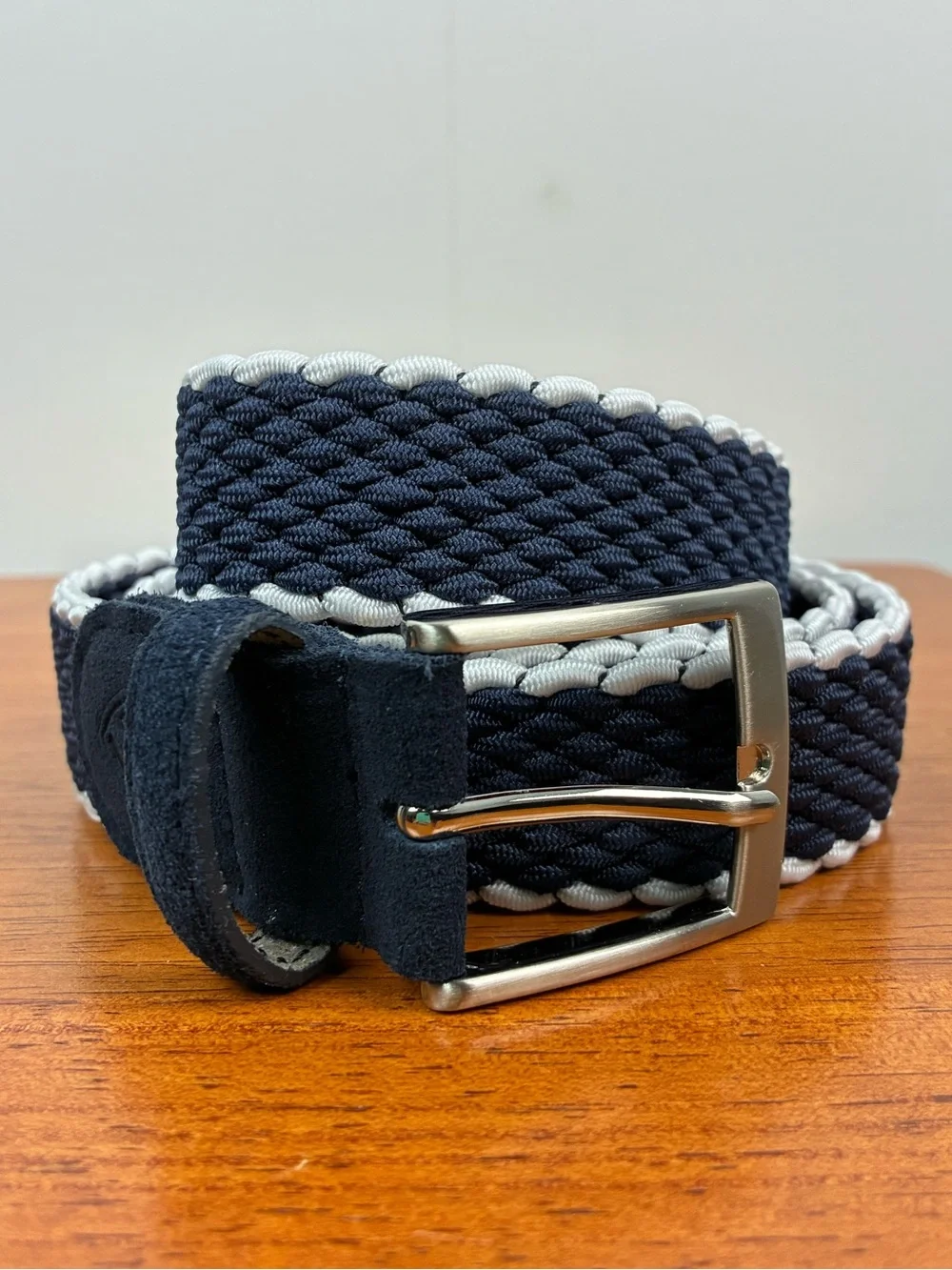 Cremieux Men’s Navy White Braided Stripe Stretch Elastic Belt Size Large 38-40